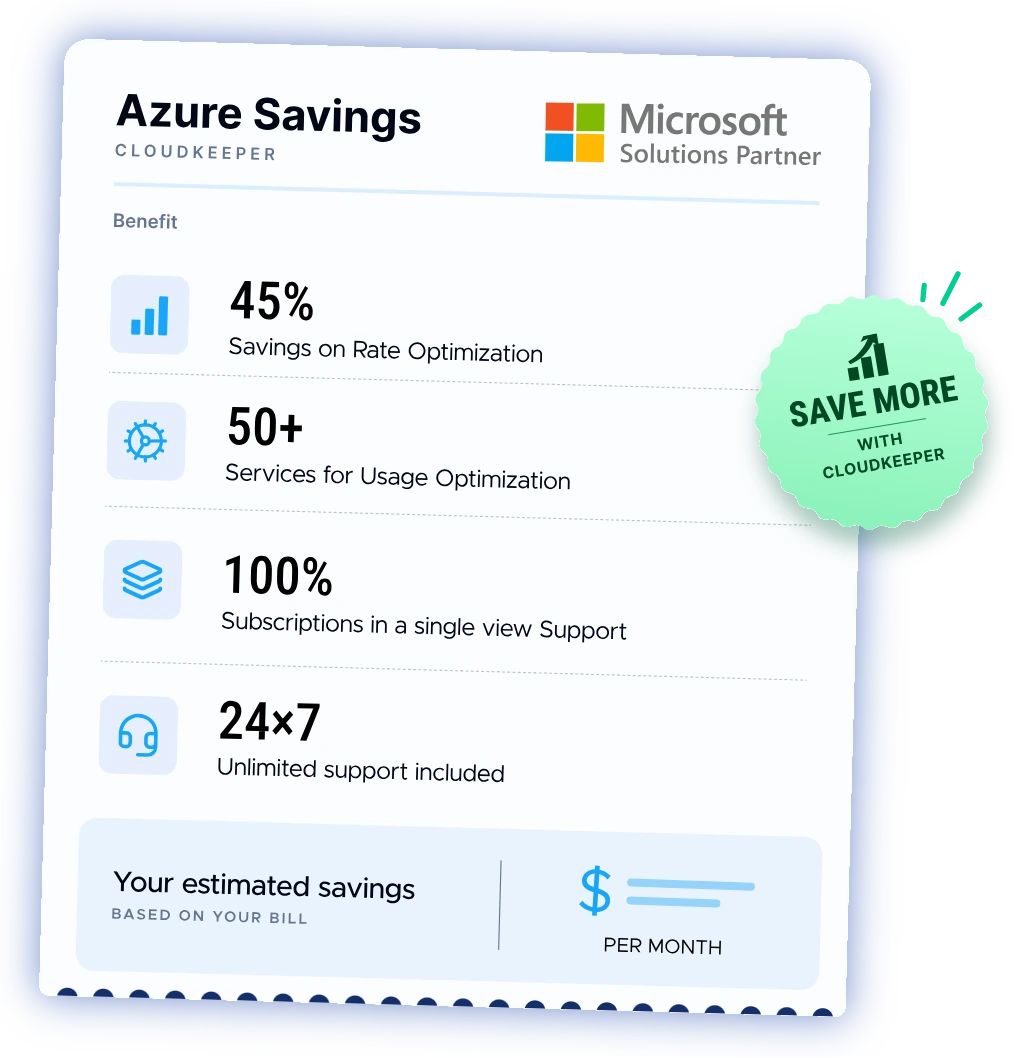 Azure Savings with CloudKeeper: 45% rate optimization, 50+ usage services, 100% subscription visibility, 24x7 support, and estimated monthly savings