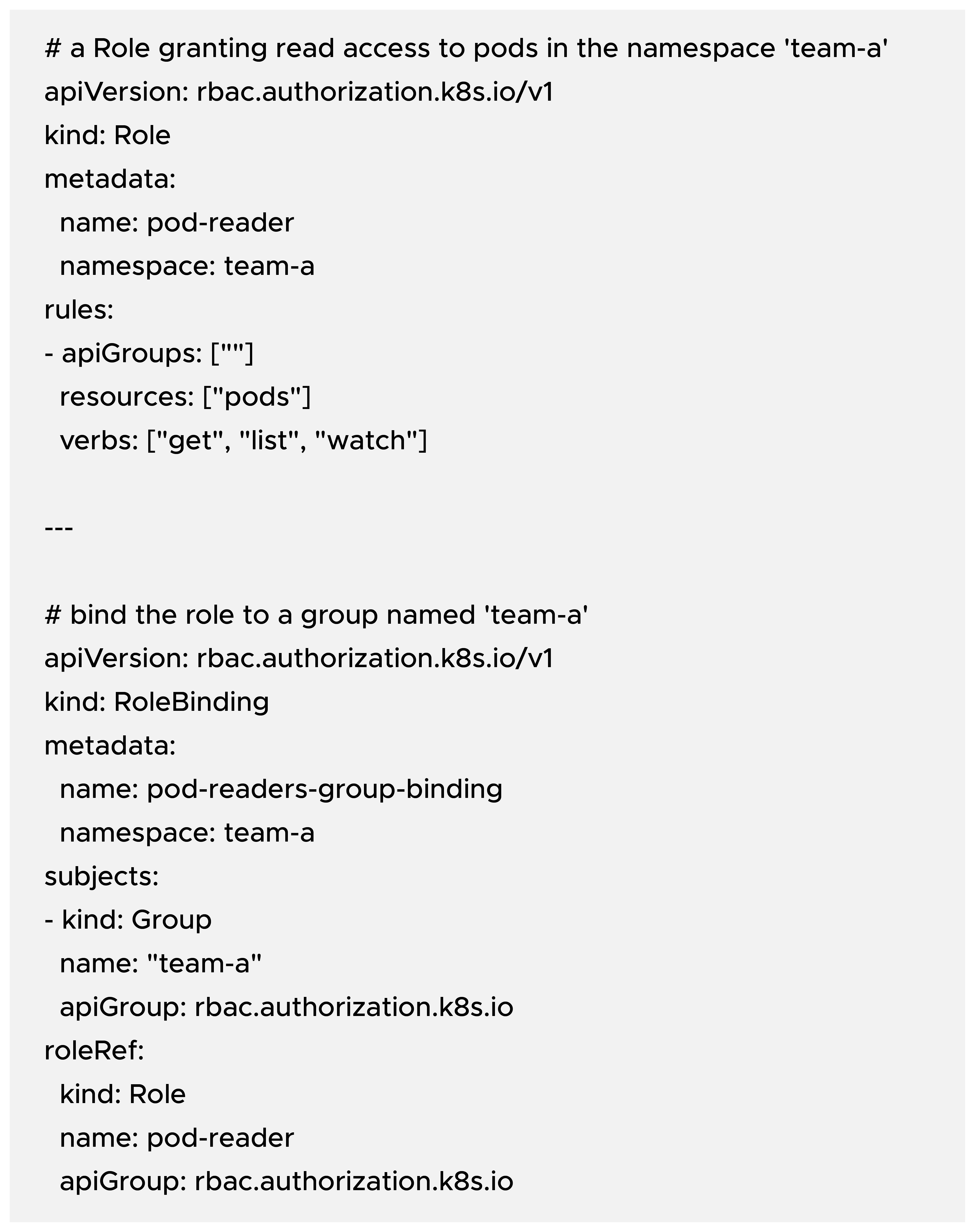 How RBAC uses groups — Role and RoleBinding examples