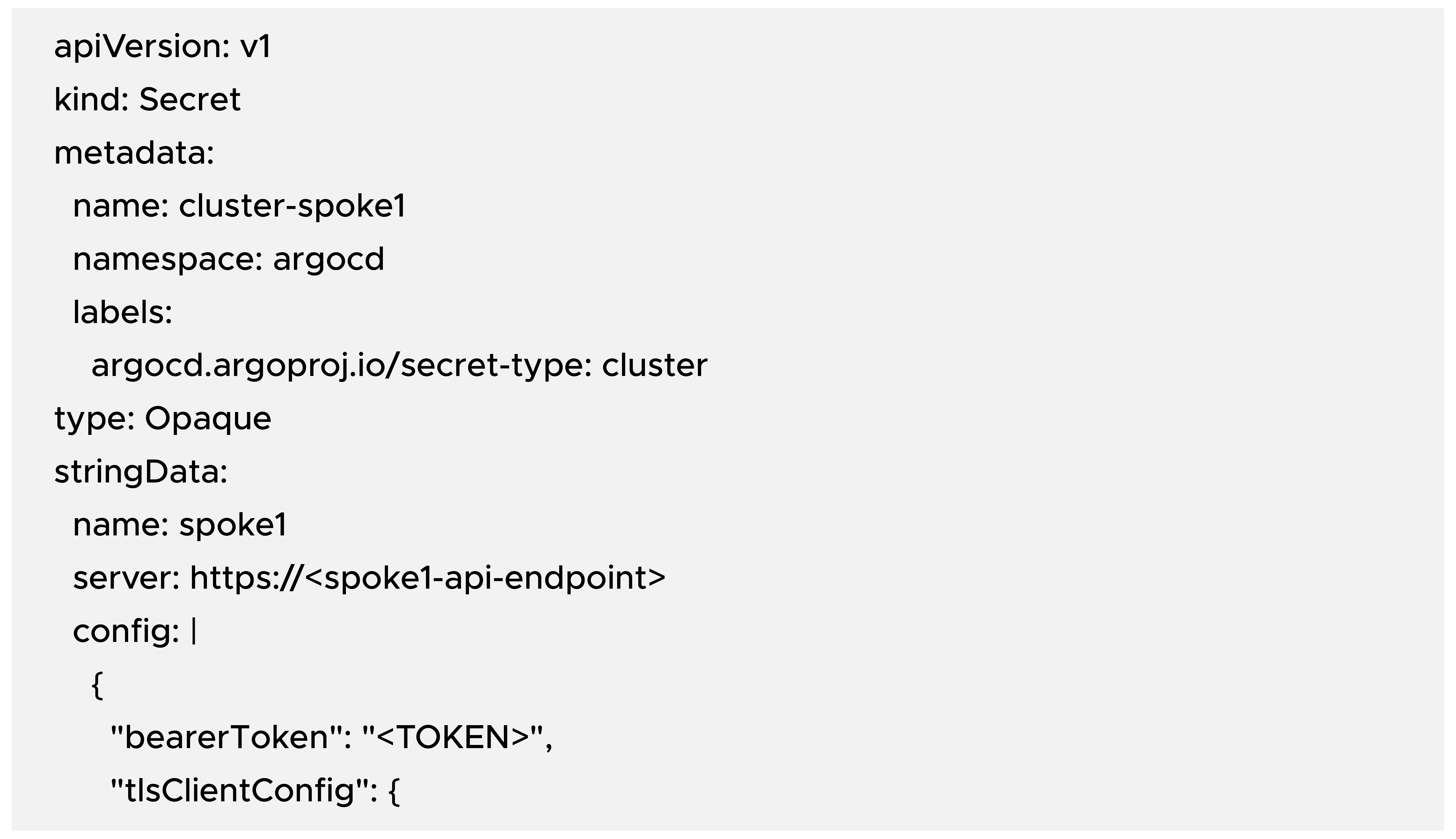 Example cluster secret manifest (on the hub cluster): 1