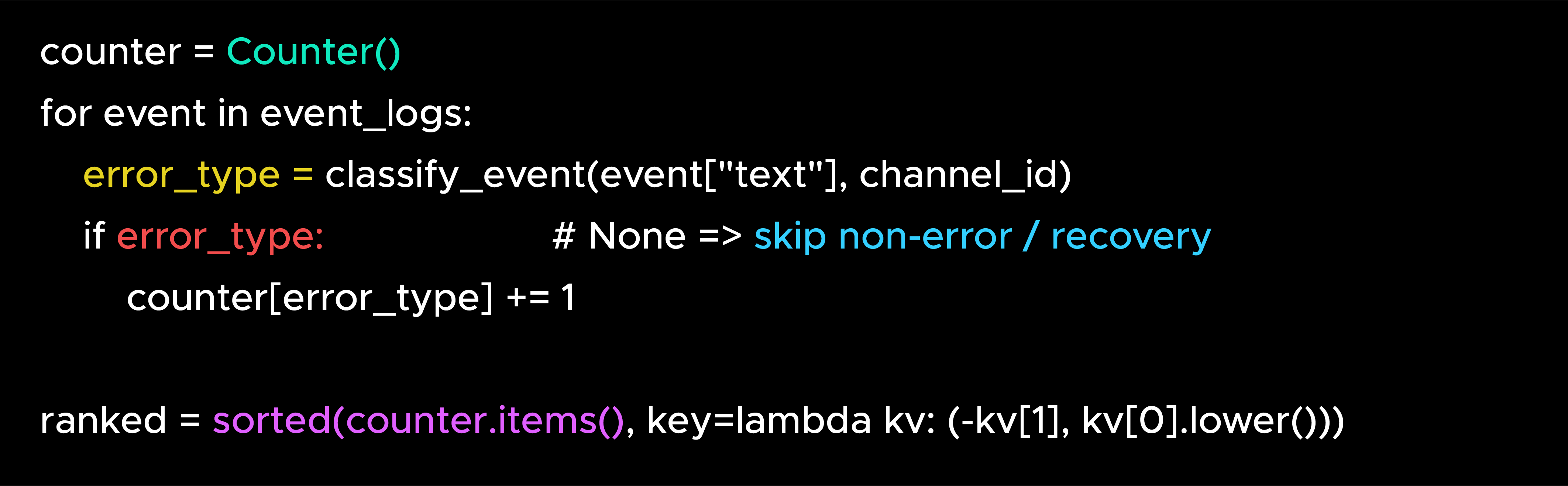 Python code for counting and classifying alert events.
