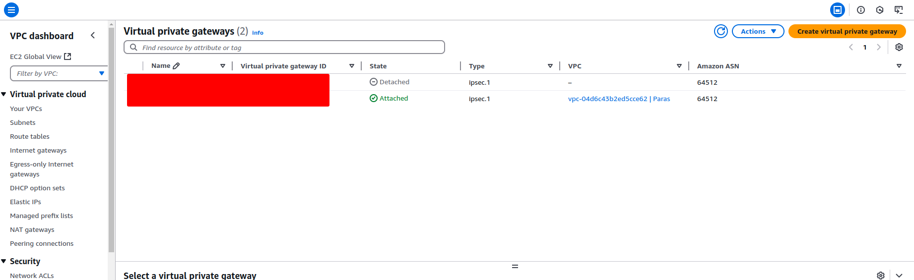 Click Create Virtual Private Gateway.