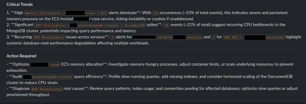 AI-generated trends and action items from alert data.