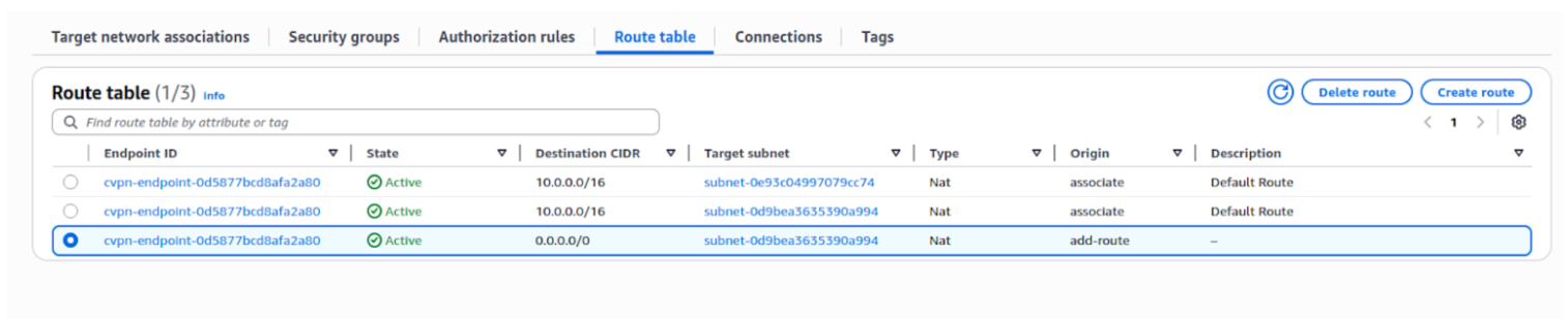 Route table AWS screenshot