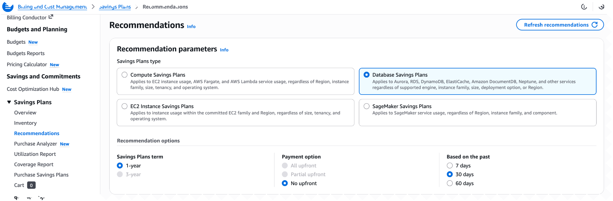 Recommendations tab for purchasing AWS Database Savings Plan