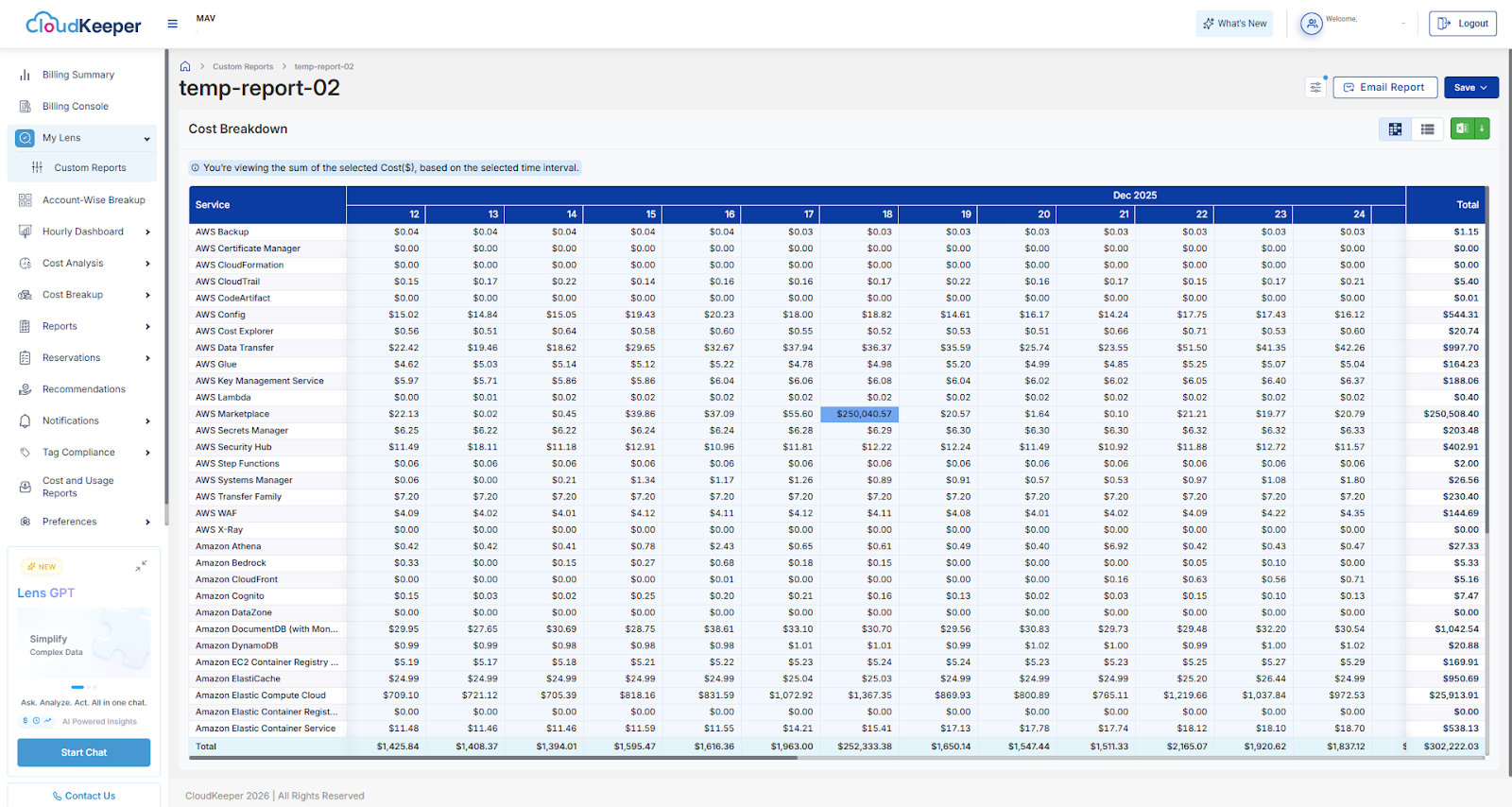 Custom Reports Temp Report Screenshot