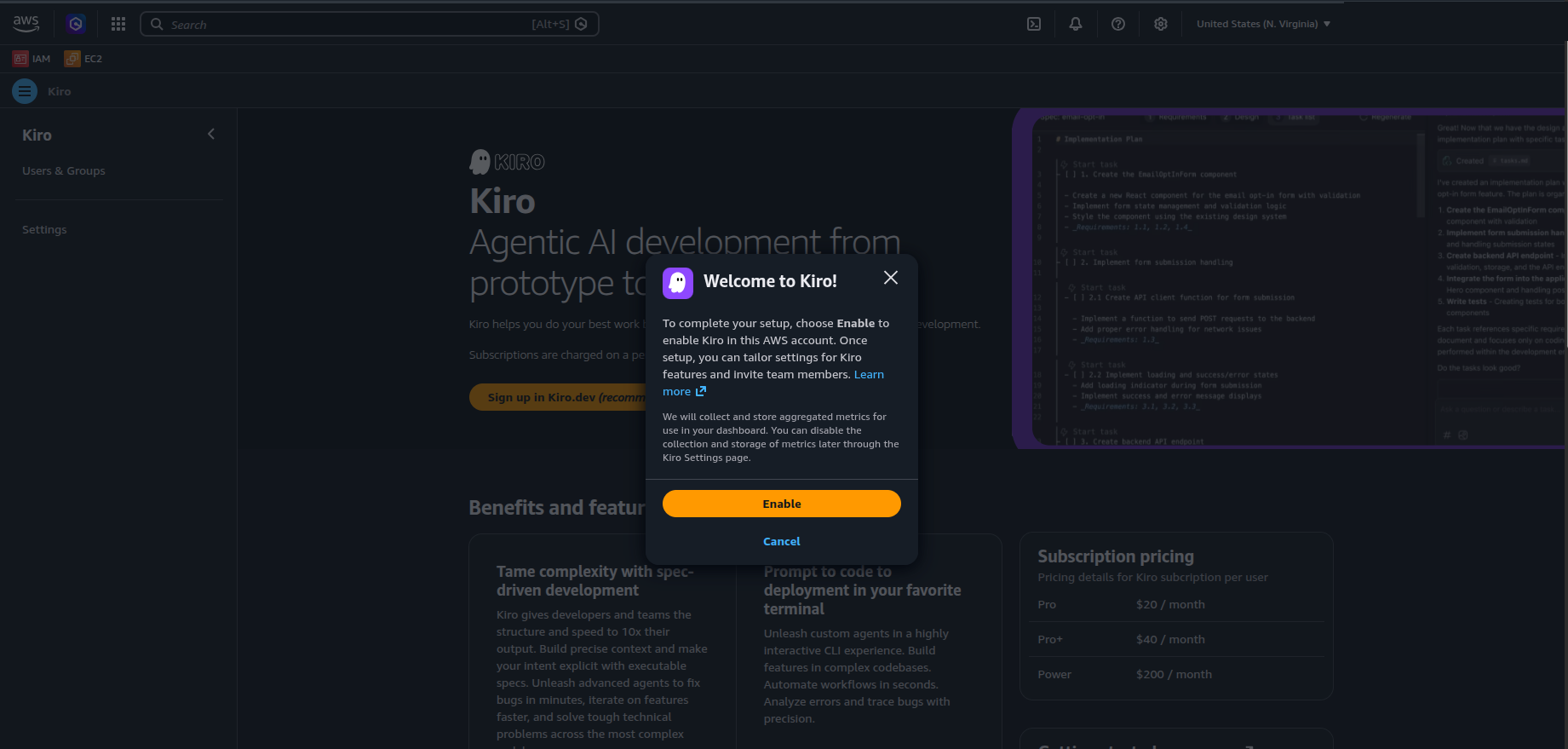 The enable dialog in Kiro Console