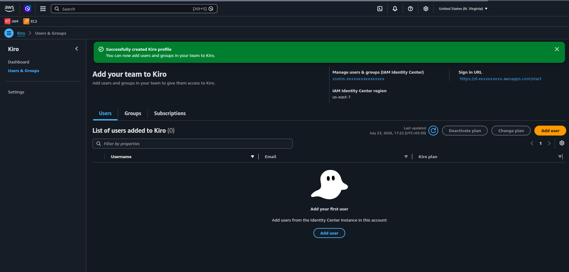 Kiro profile created, ready to add users