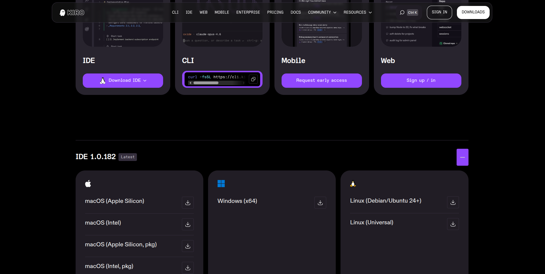The Kiro downloads page