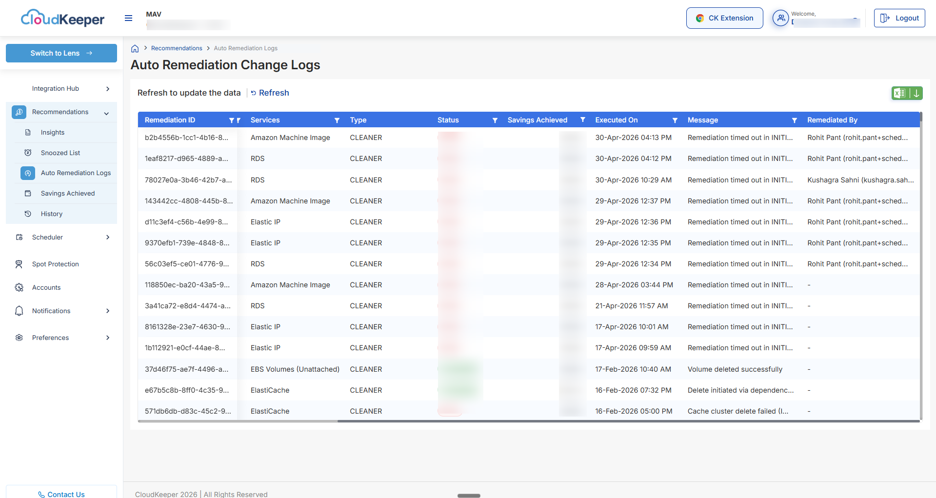 Auto Remediation Change Logs — “Remediated By” Column