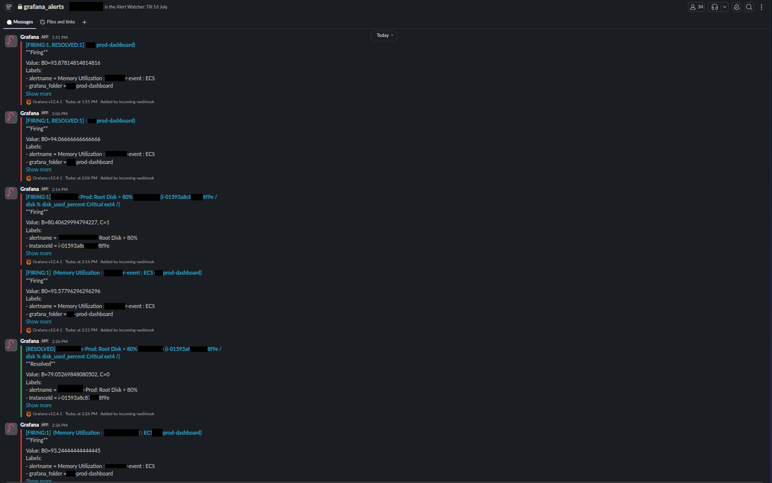 Slack channel filled with monitoring alerts and notifications.