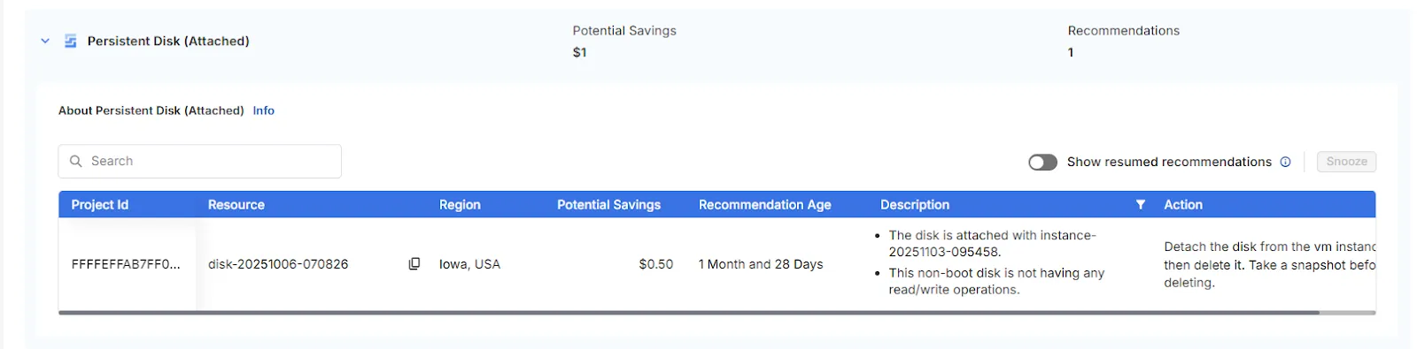 Tuner - GCP Recommendations - Cleaner | Persistent disk