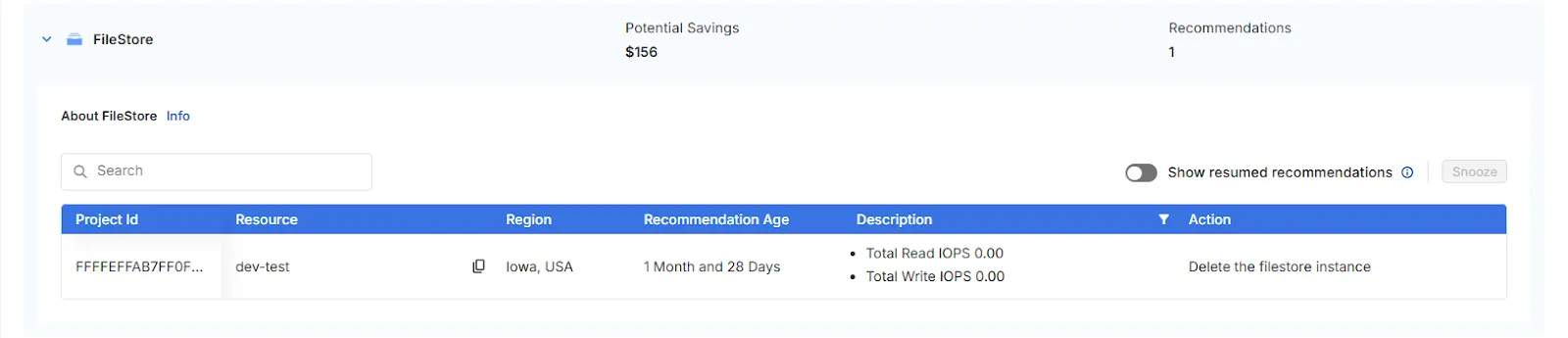 GCP Recommendations - Cleaner | Filestore
