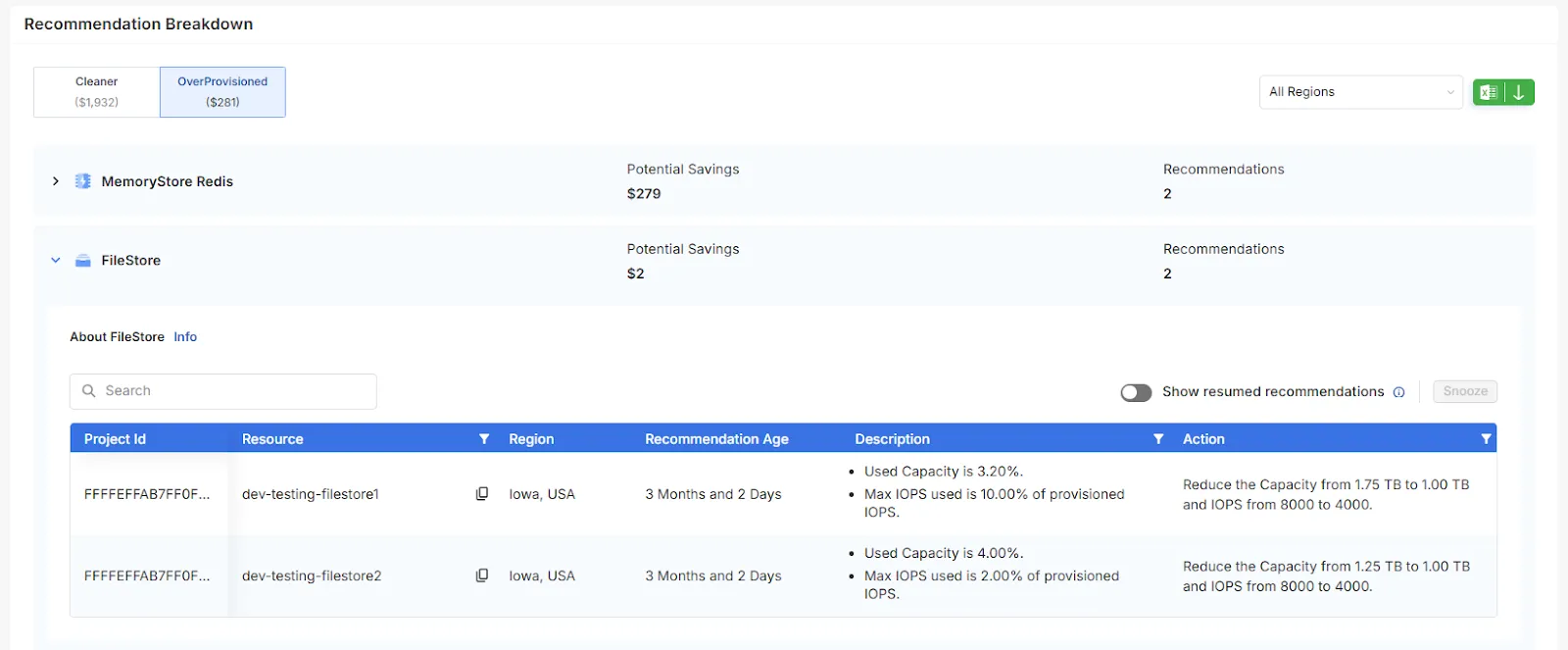 Tuner - GCP Recommendations - OverProvisioned | Filestore