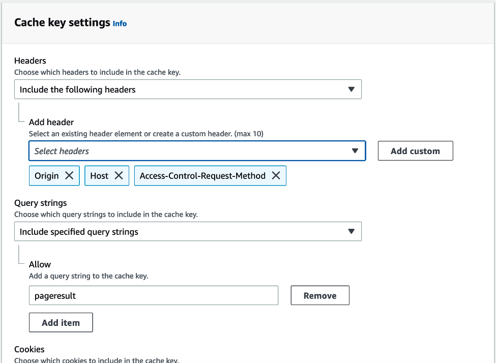 Figure 4: CloudFront cache key settings