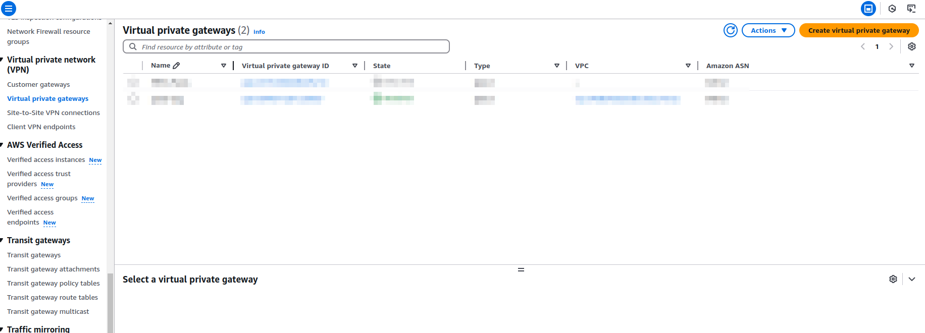 Virtual Private Gateways listed in AWS Management Console
