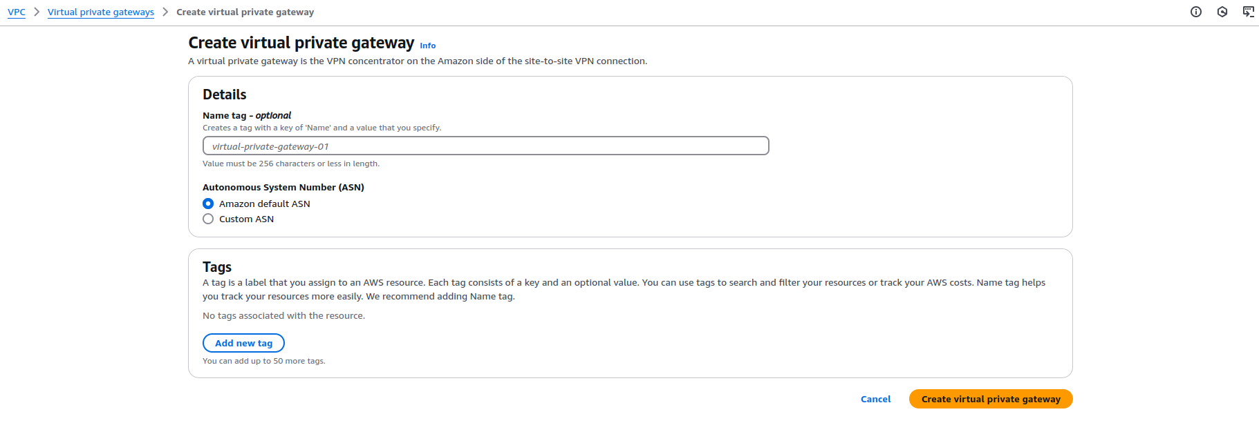 Click Create Virtual Private Gateway.