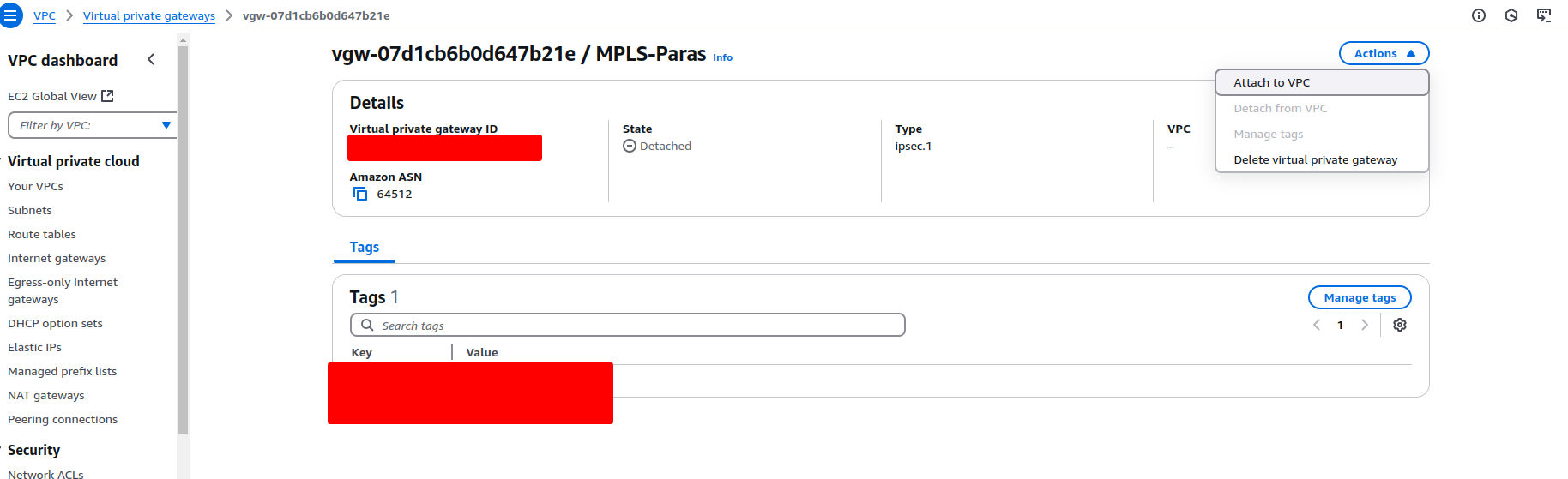 attach VGW to the VPC: