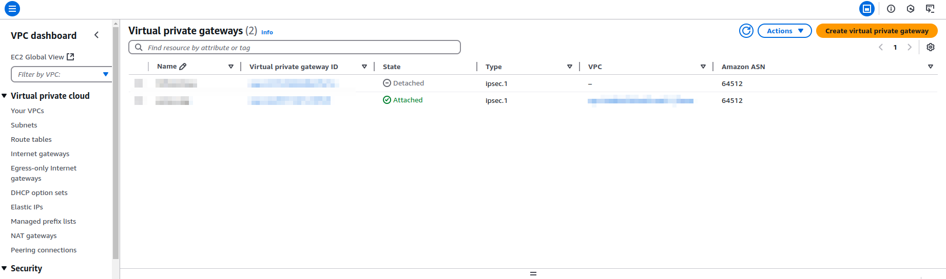 attach VGW to the VPC: